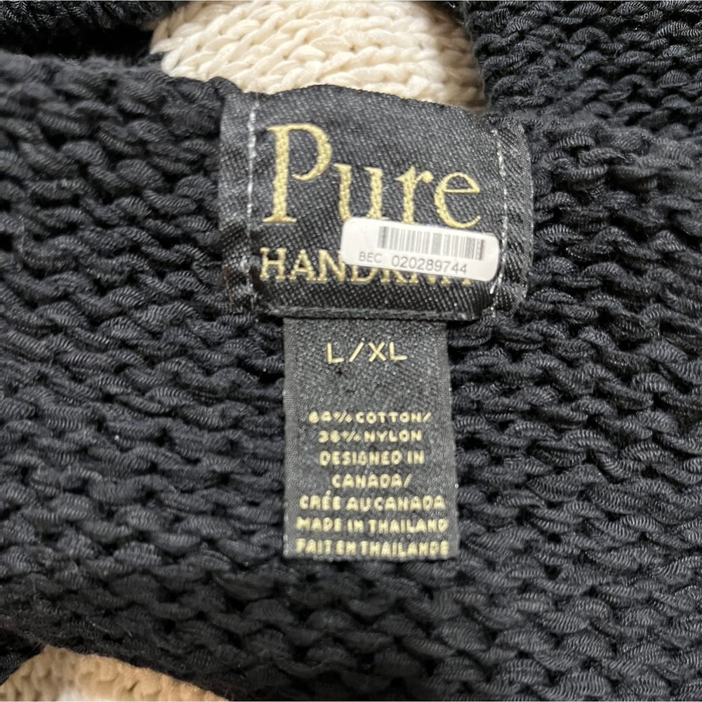 Pure Handknit Black Cream Stripe Cowl Neck Sweater L XL - Picture 3 of 7